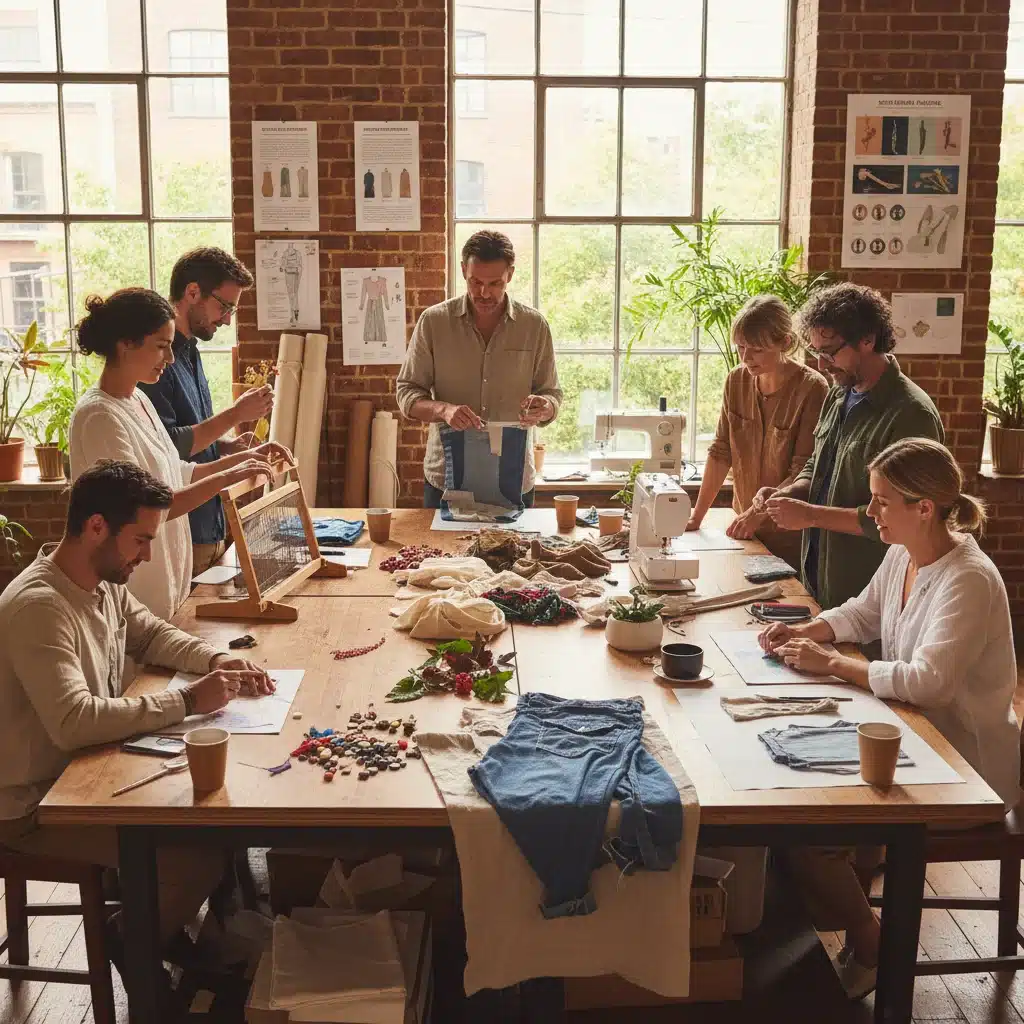 Diverse group in a sustainable fashion workshop, learning about eco-friendly practices and upcycling.