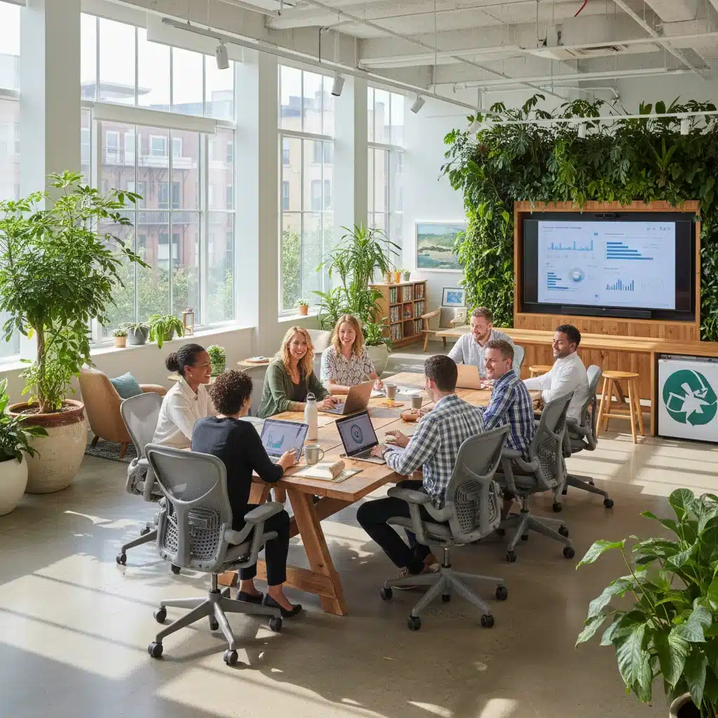 Sustainable and inclusive modern office environment fostering employee well-being in fashion.