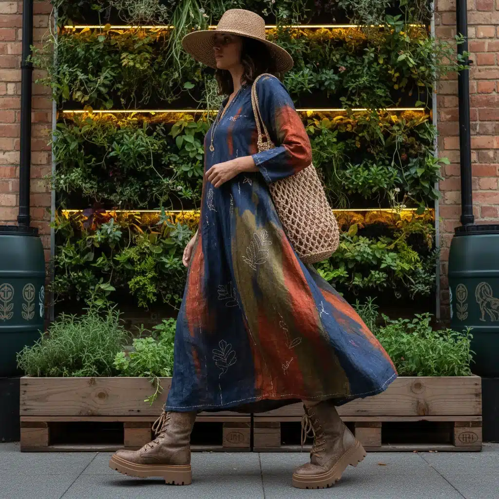 Sustainable luxury fashion with naturally dyed recycled silk garment and ethically sourced vegan leather boots in an urban green setting.