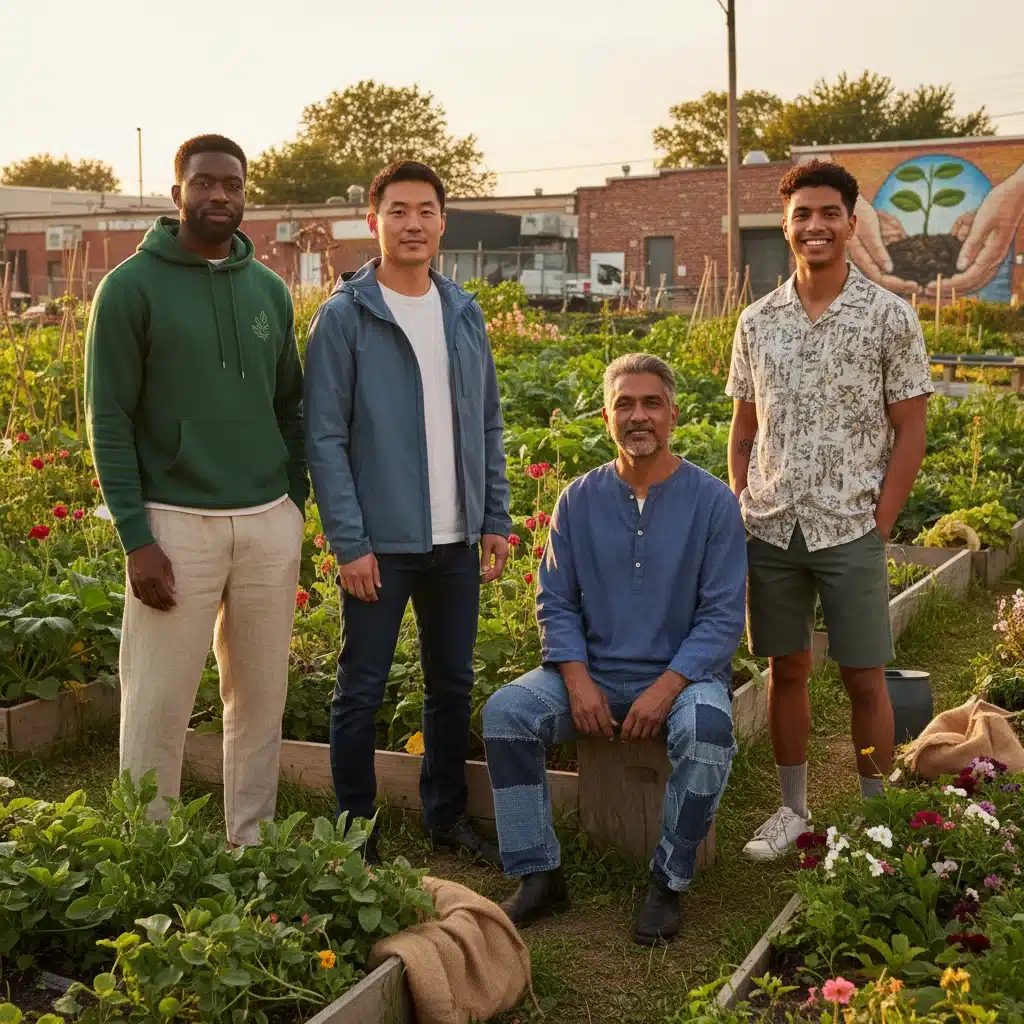 Group of men wearing sustainable fashion in a community garden.