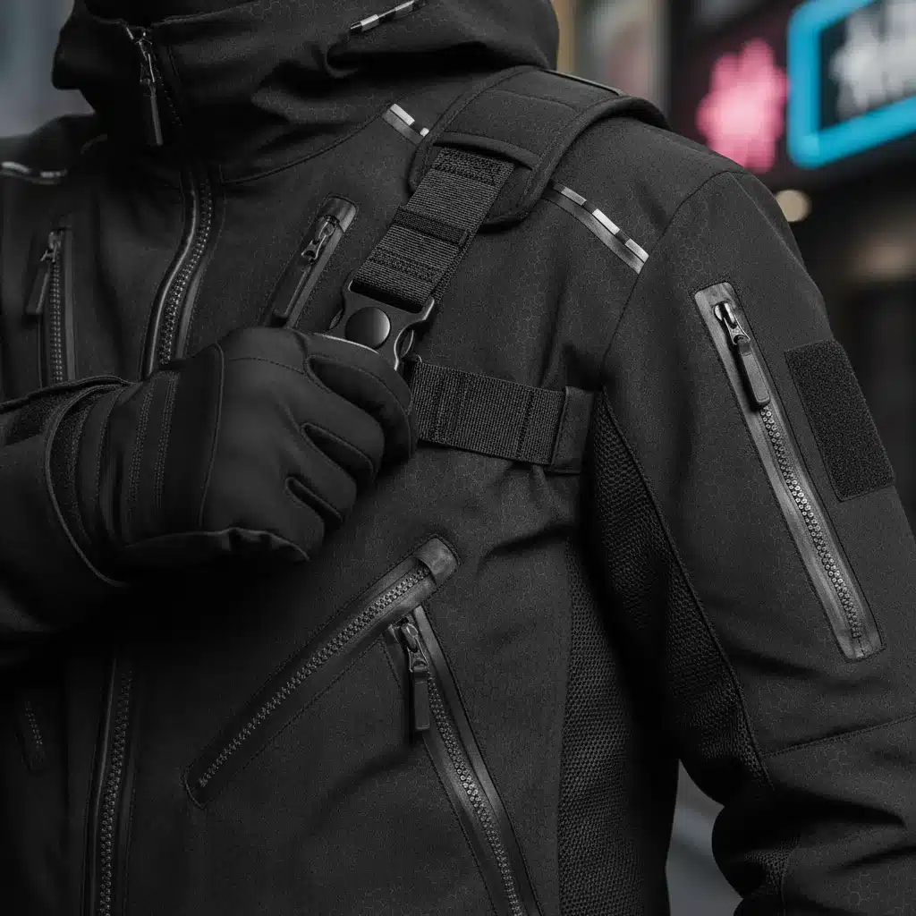 Close-up of techwear jacket details and functional elements