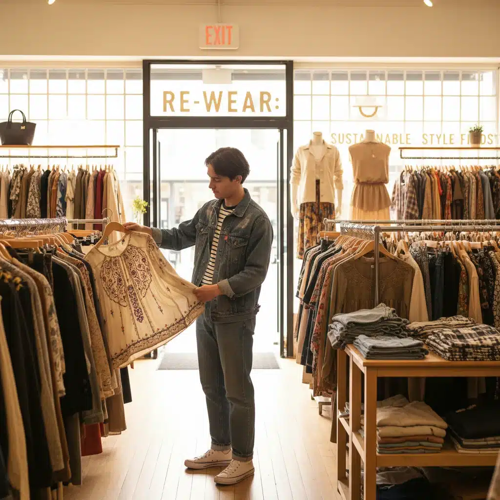 Person thoughtfully browsing clothing racks in a well-lit thrift store for budget-friendly fashion finds.