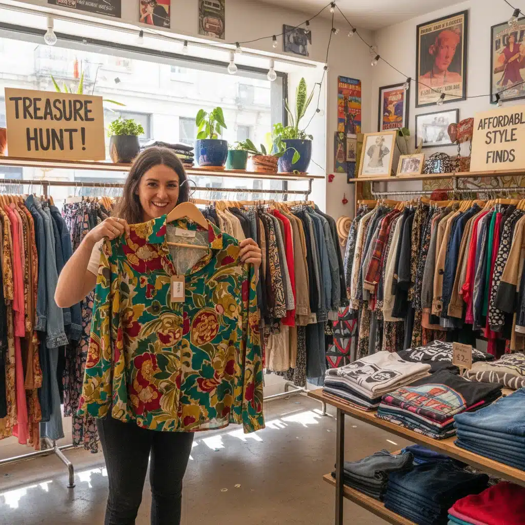 Person enjoying shopping at a second-hand clothing store