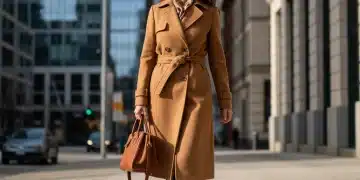 Woman in classic trench coat and leather handbag, embodying timeless fashion investment.