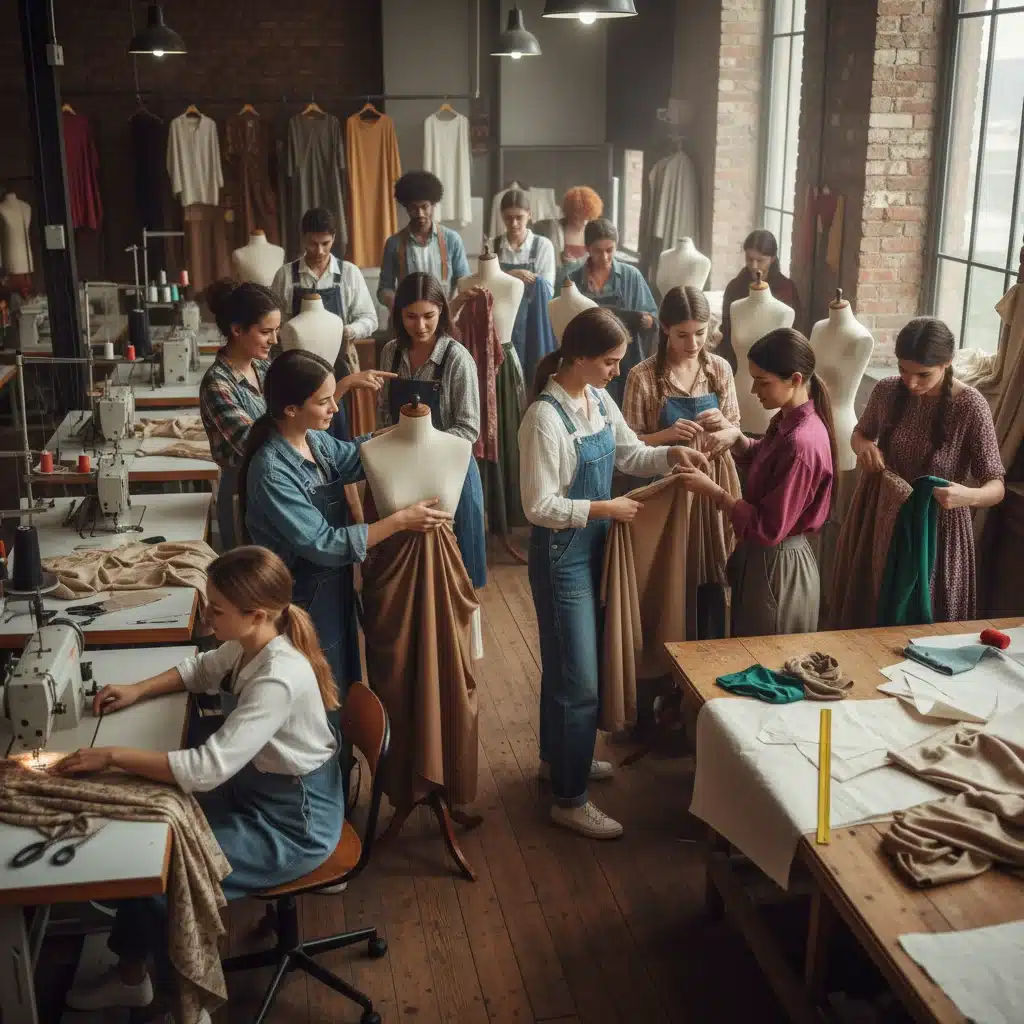 Fashion students in workshop, draping fabric on mannequins