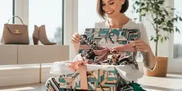 Woman unboxing fashion subscription box with trendy clothes