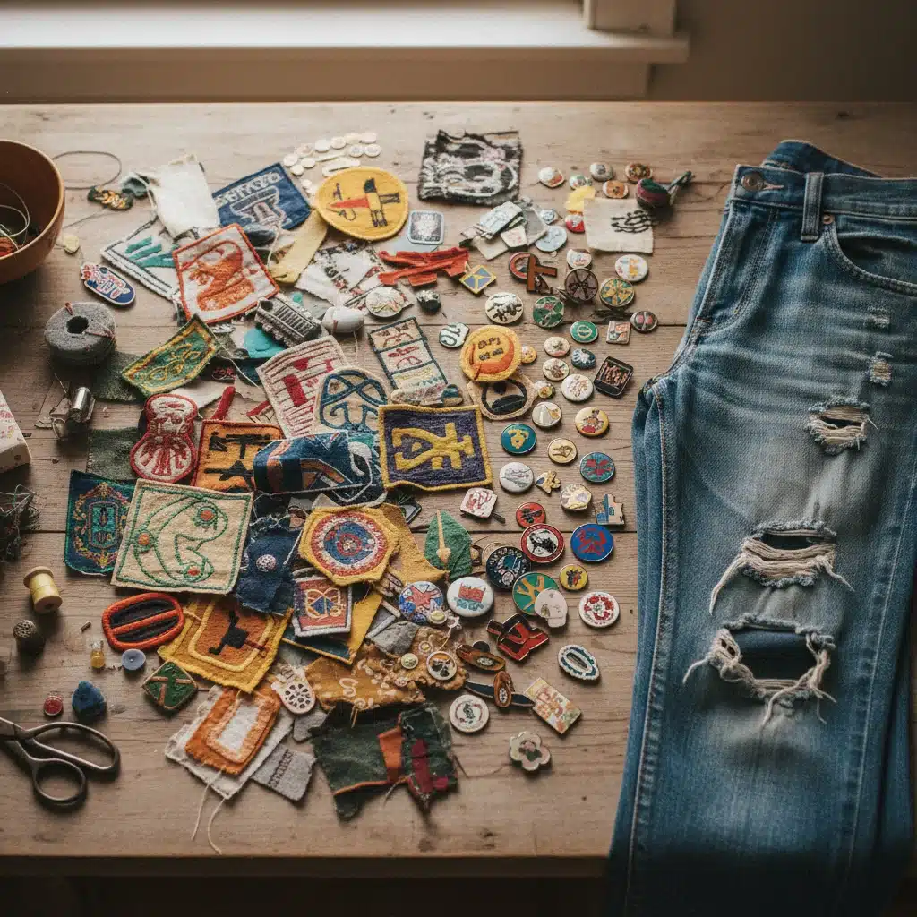 Fabric scraps and patches for upcycling old jeans