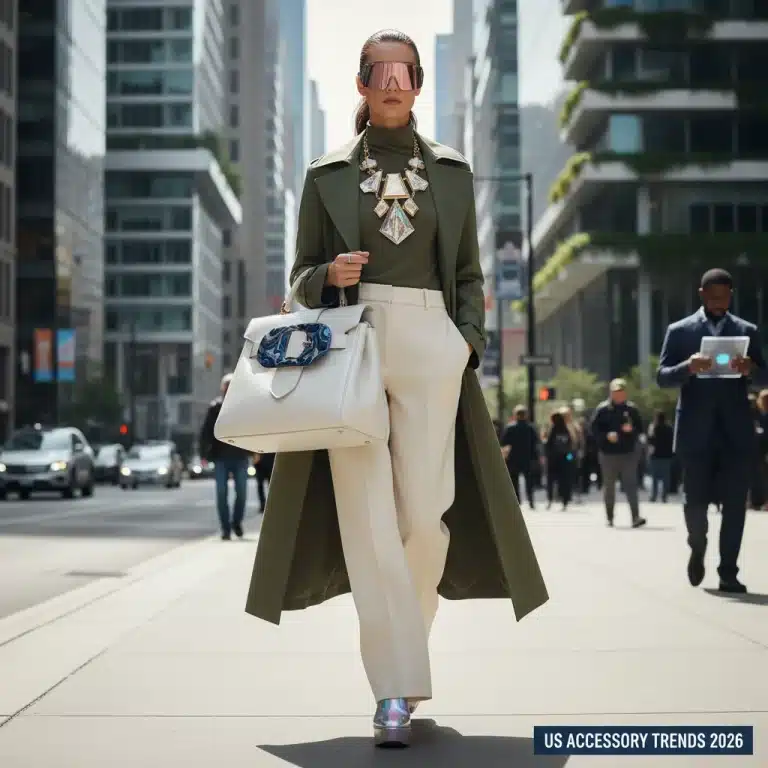 Woman showcasing 2026 US accessory trends with statement necklace and oversized handbag
