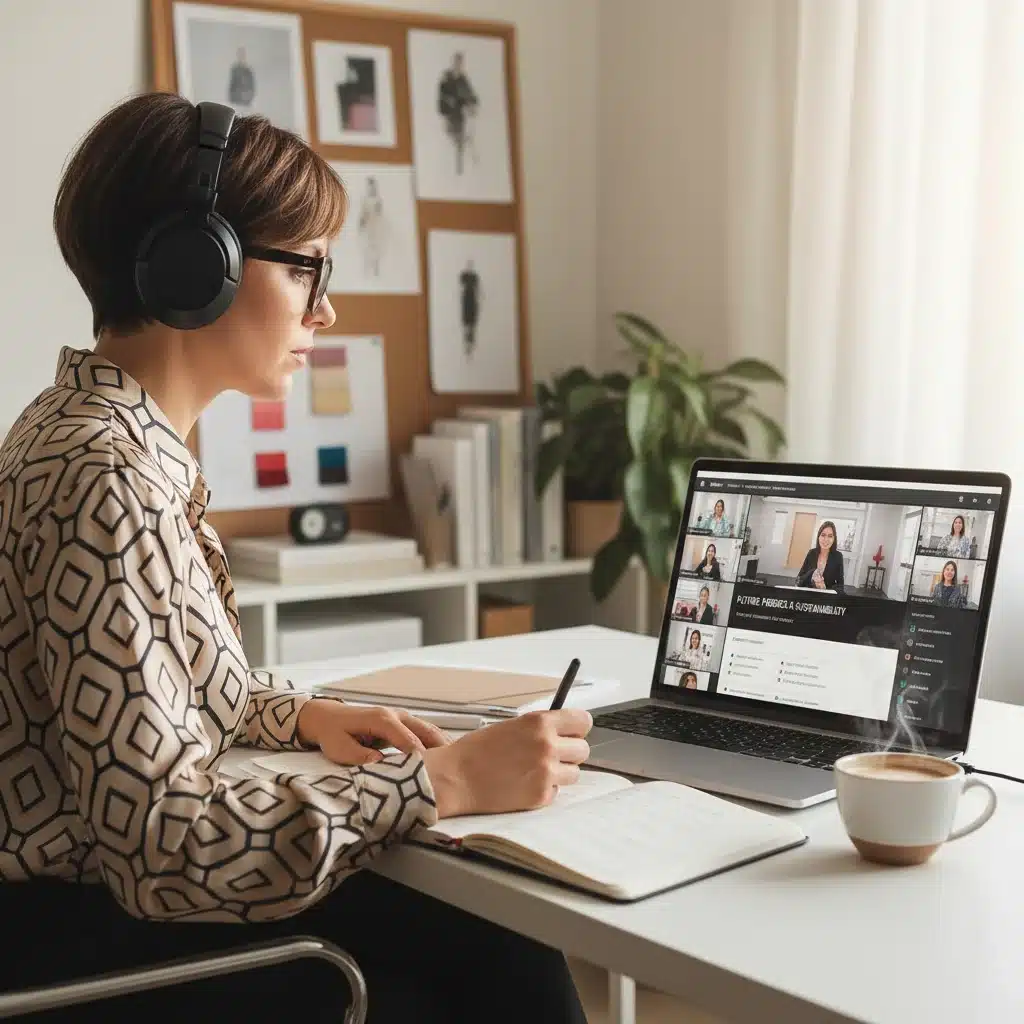 Fashion professional attending virtual industry conference, actively engaged