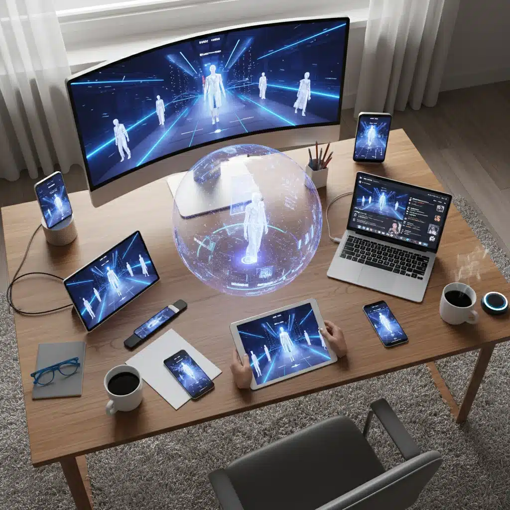Virtual fashion show streaming on multiple devices, illustrating digital product launches and remote engagement.