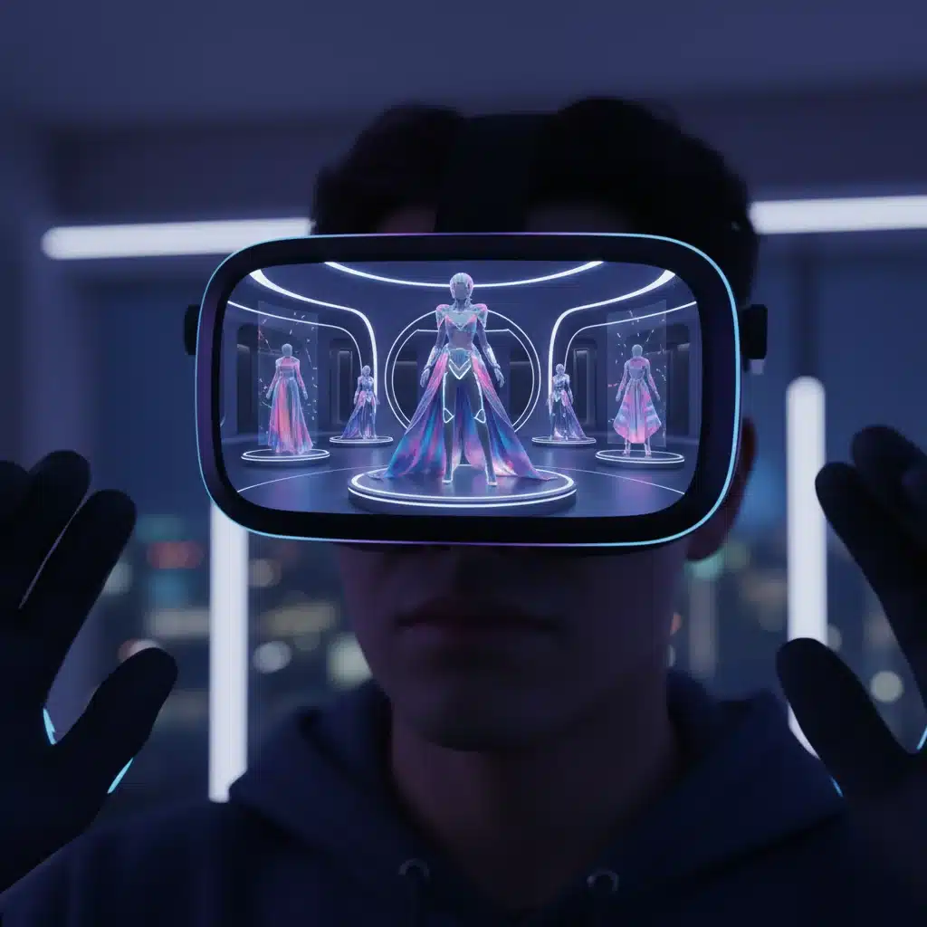 Person experiencing a virtual reality fashion showroom with a VR headset.