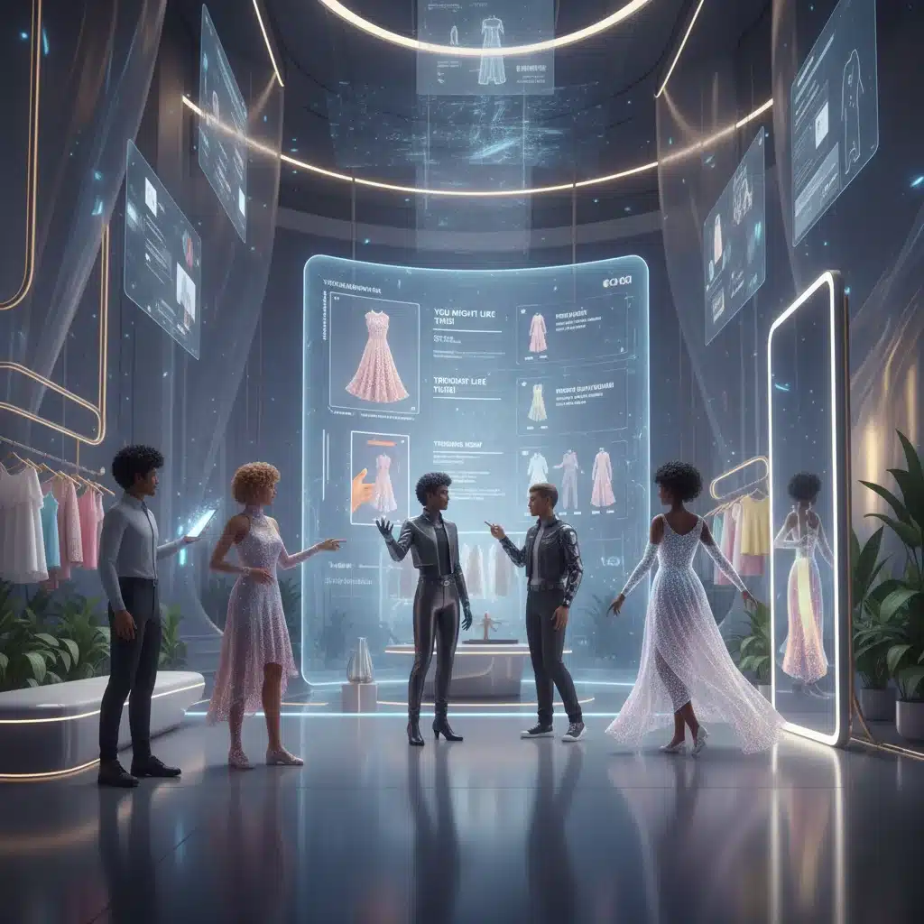 Avatars trying on digital garments in a virtual retail store, showcasing interactive metaverse shopping.