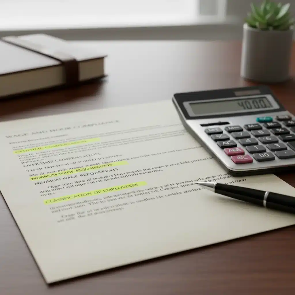 Legal document highlighting wage and hour laws on a desk.