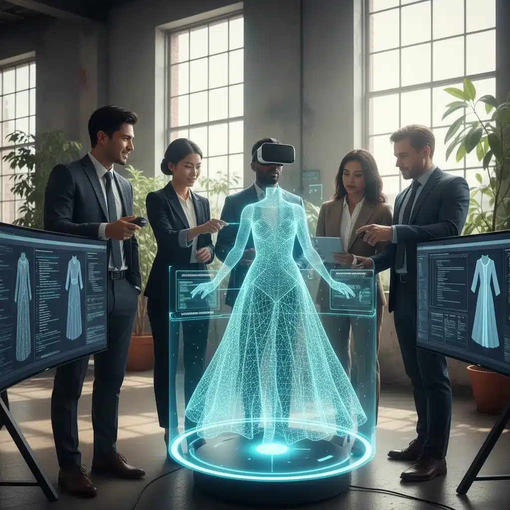 Web3 fashion design team collaborating on holographic digital garment