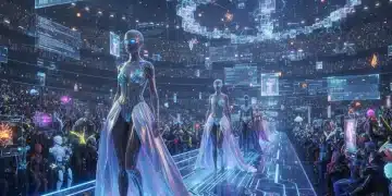 Futuristic fashion show in metaverse with digital garments and blockchain elements