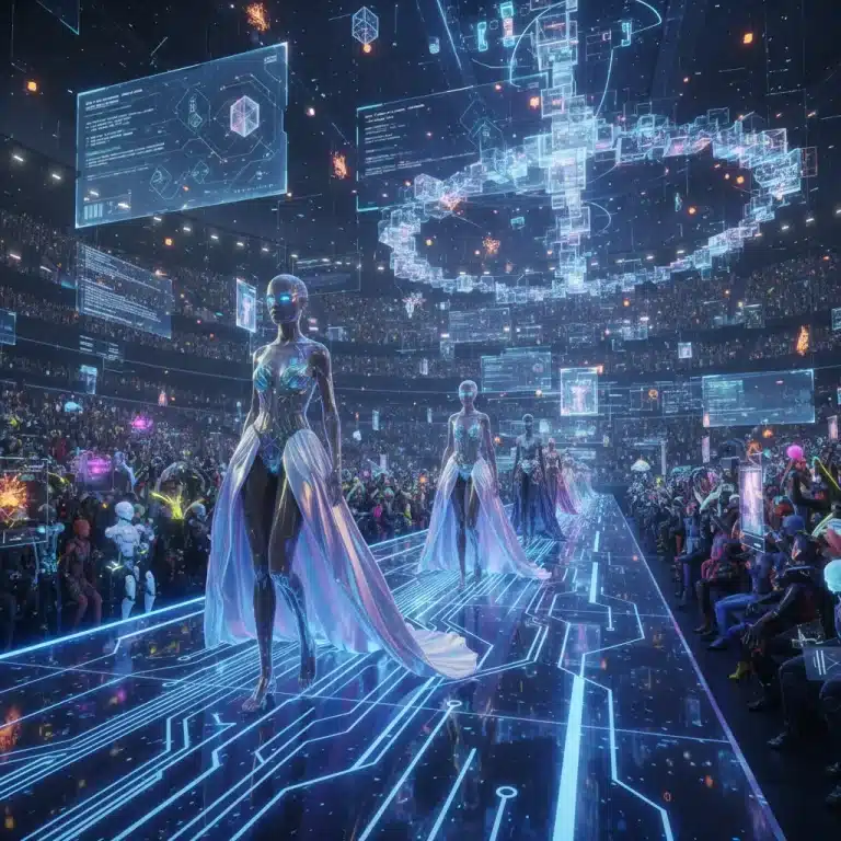 Futuristic fashion show in metaverse with digital garments and blockchain elements