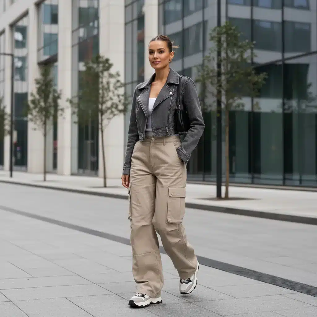 Wide-leg cargo pants with a cropped jacket and chunky sneakers.
