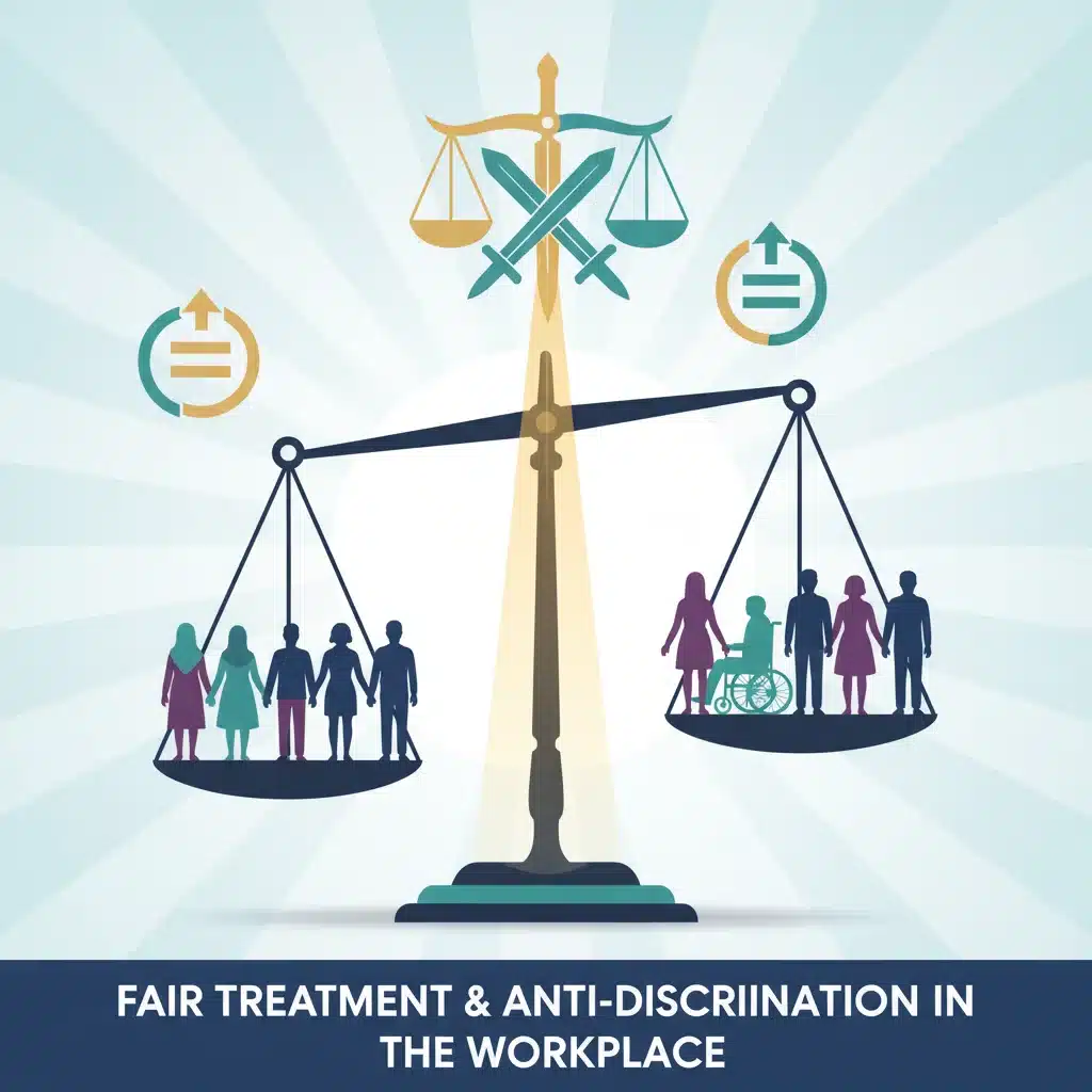 Graphic depicting diverse employees on a balanced scale, symbolizing workplace equality.