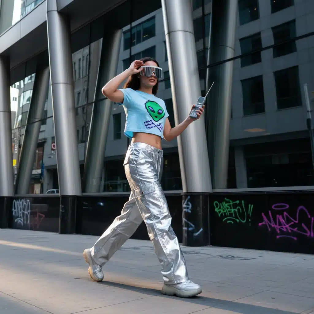 Person in Y2K metallic cargo pants, baby tee, and futuristic sunglasses against a modern building, embodying 2026 street style.