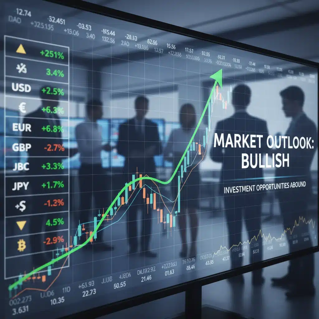 Digital stock market interface with rising trend lines and currency symbols