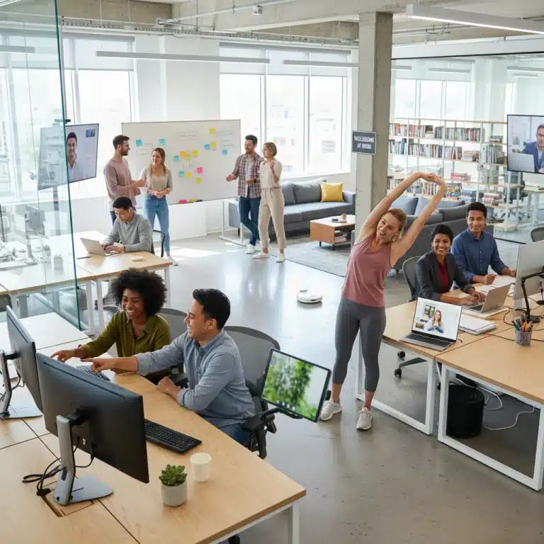 Diverse employees thriving in a modern, supportive workplace with various well-being elements.