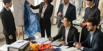 Emerging fashion designers discussing intellectual property rights in a contemporary studio setting.