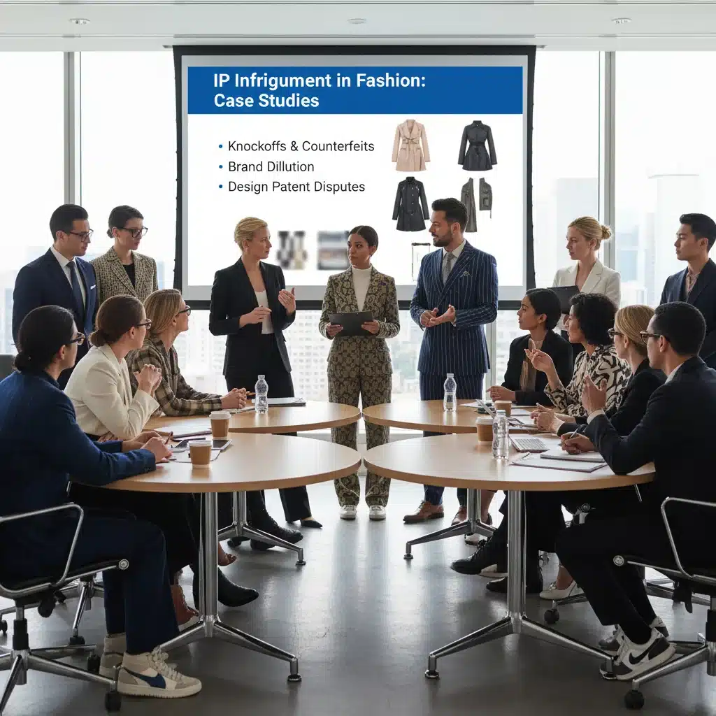 Fashion industry professionals collaborating on intellectual property strategy workshop.