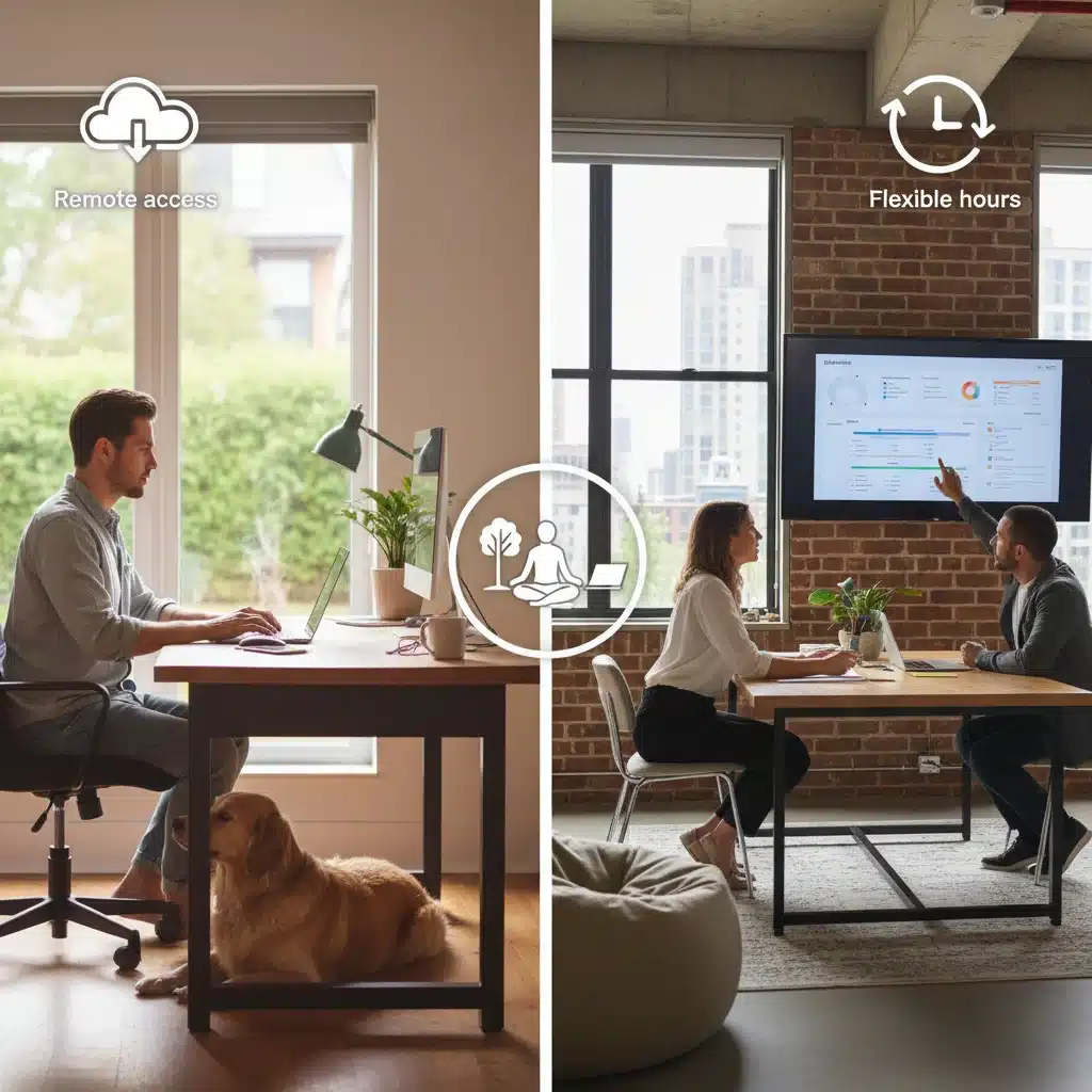 Flexible work arrangements showing remote and hybrid work environments with work-life balance icons.