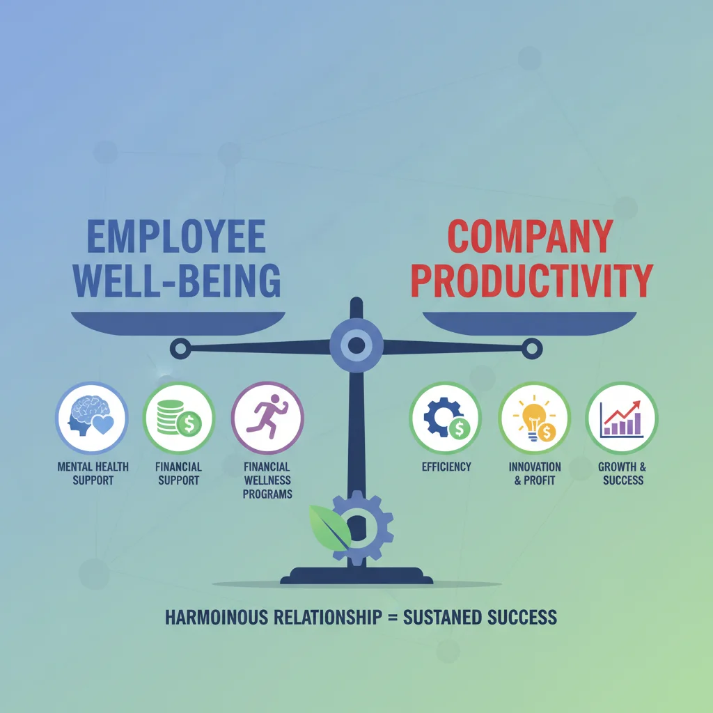 Balanced scale showing employee well-being leading to company productivity with various support icons.