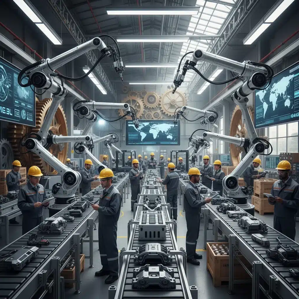 Modern manufacturing facility showcasing advanced technology and diverse workforce