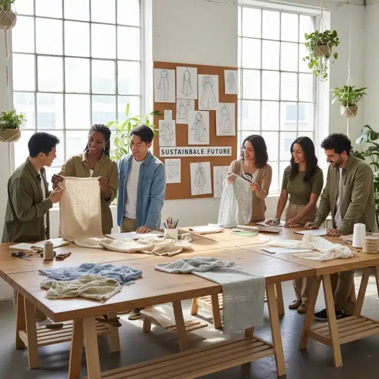 Designers collaborating on sustainable textile samples for a fashion collection.